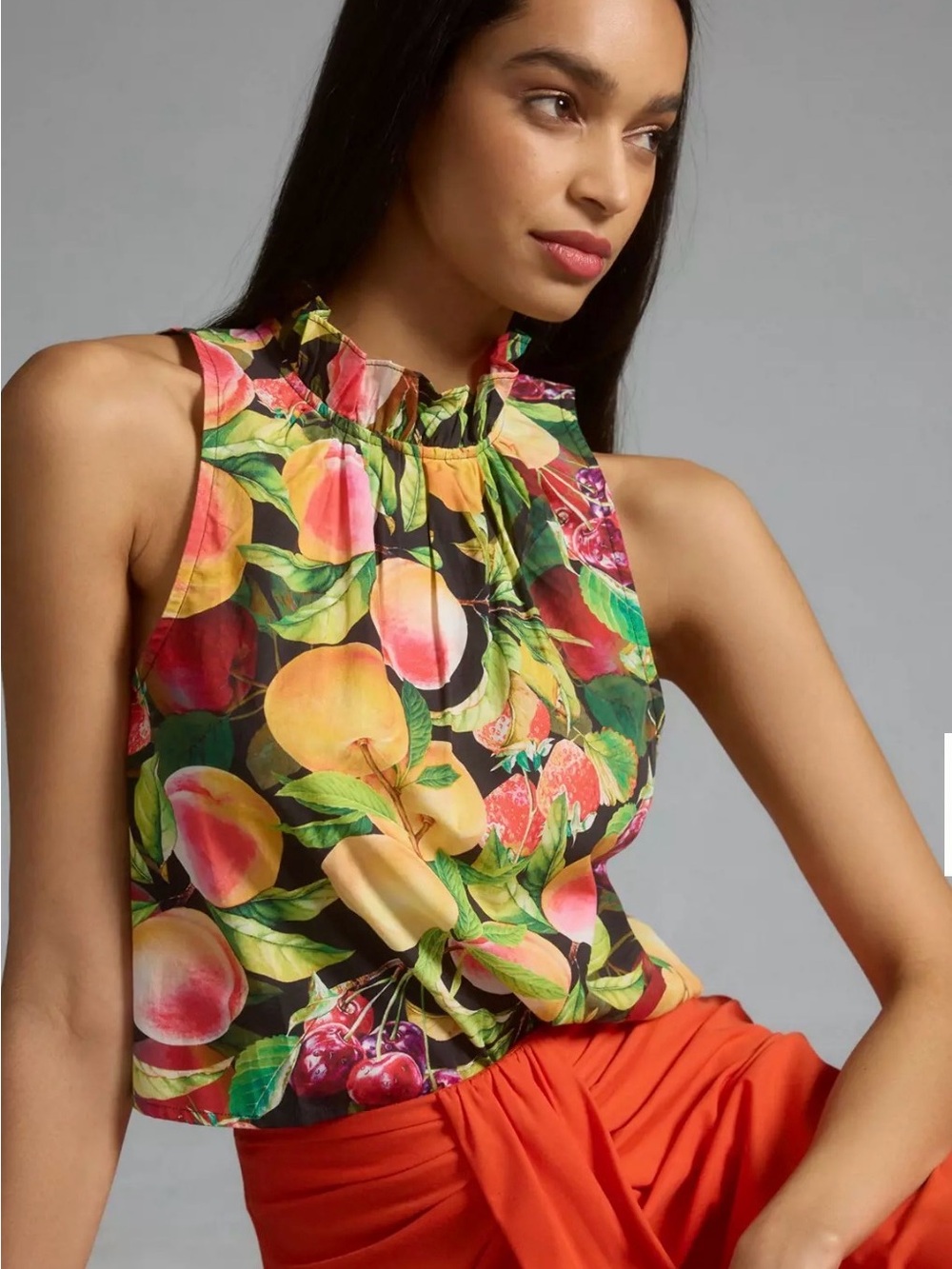Maeve Black Fruit-Print Sleeveless Ruffle-Neck Camisole